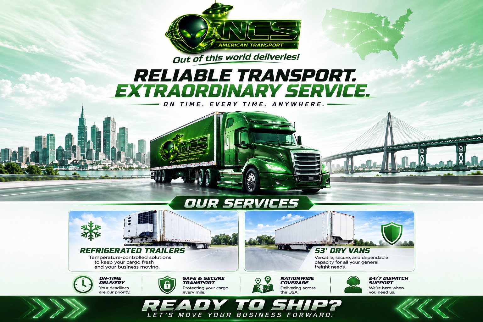 NCS American Transport — Reliable Transport, Extraordinary Service. Refrigerated trailers and 53' dry vans, nationwide coverage, 24/7 dispatch support.