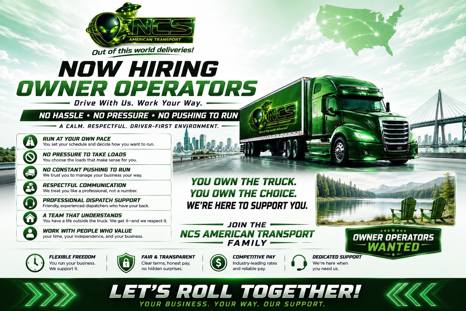 NCS American Transport is now hiring owner operators. Drive with us, work your way. No hassle, no pressure, no pushing to run — a calm, respectful, driver-first environment with competitive pay and dedicated dispatch support.